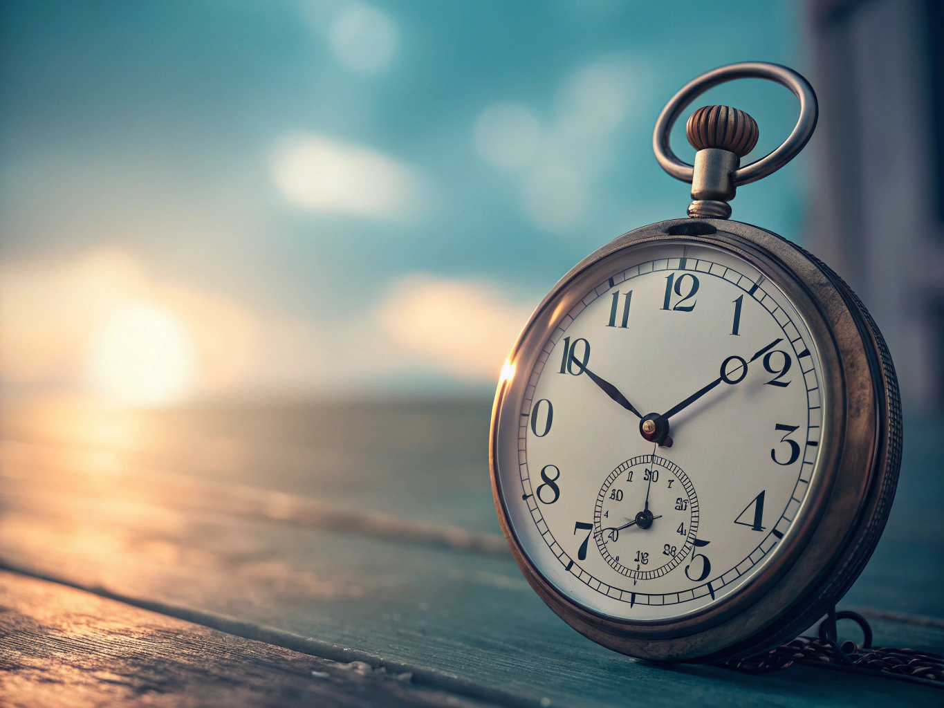 CINEMATIC PHOTOGRAPHY: En analog klocka med klassisk design, fotograferad mot en mjuk blå bakgrund med varm belysning från...