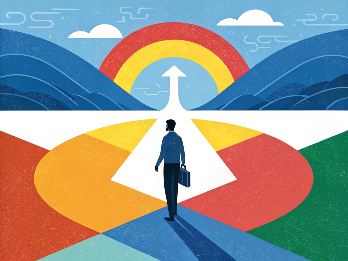 EDITORIAL ILLUSTRATION: A digital landscape with Google's iconic colors gradually fading into a vibrant spectrum of compet...
