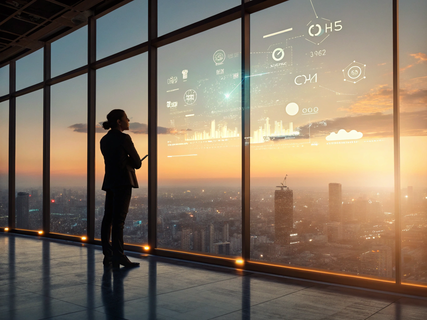 CINEMATIC PHOTOGRAPHY: A professional silhouetted against floor-to-ceiling windows at golden hour, gazing out at a sprawli...