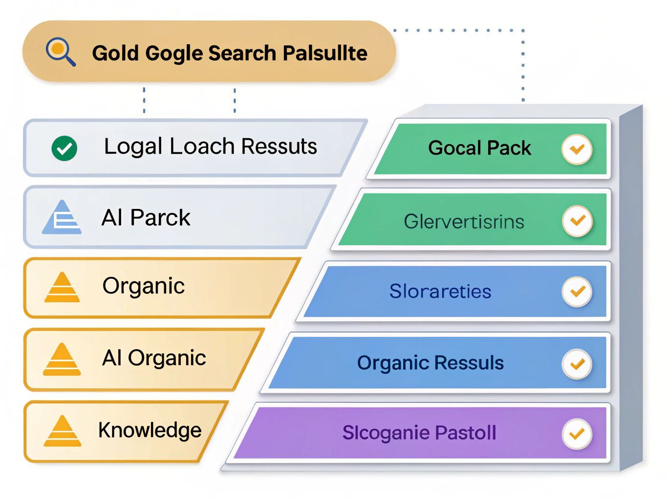 EDITORIAL ILLUSTRATION: A Google search results page shown from above with multiple layers of SERP features highlighted in...
