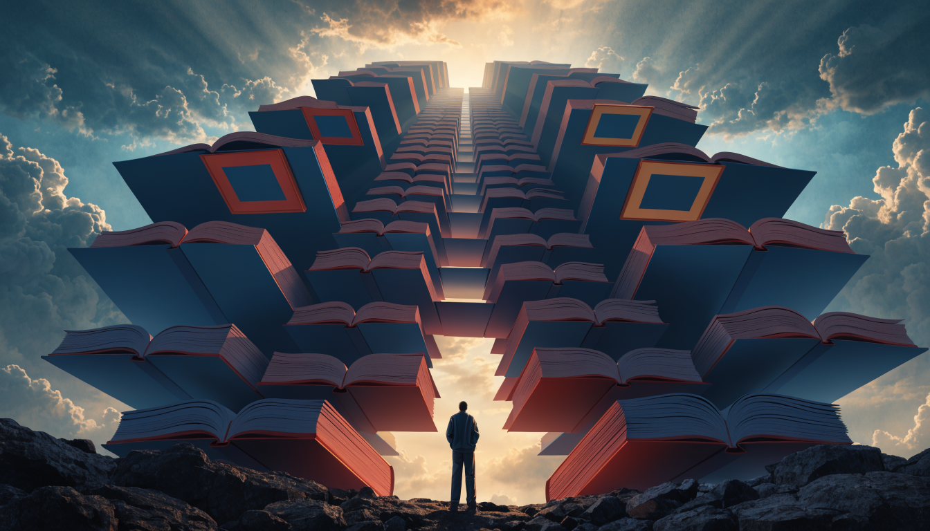 En person framför staplar av böcker som symboliserar läsförståelse och högskoleprovet