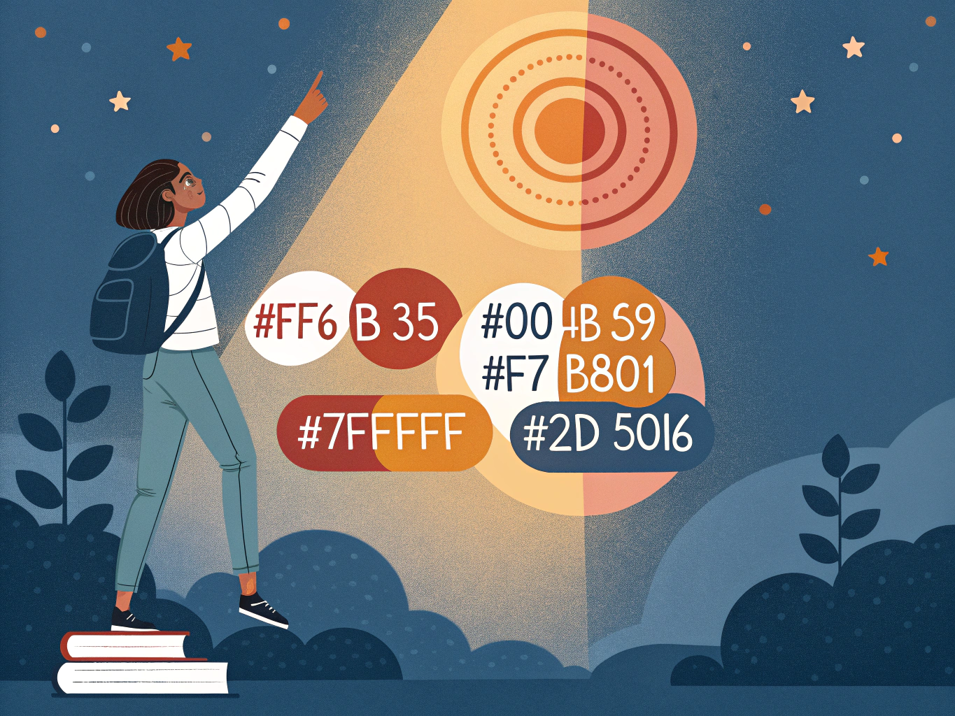 Illustration av högskoleprovsstudent omgiven av svenska ord som symboliserar ordförståelse