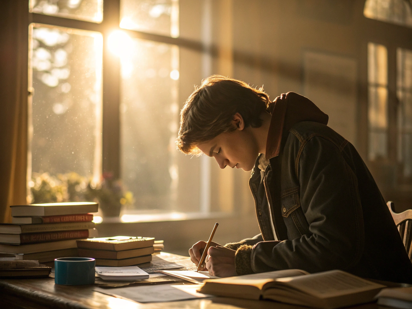 Gymnasiestudent som pluggar inför högskoleprovet med böcker och anteckningar