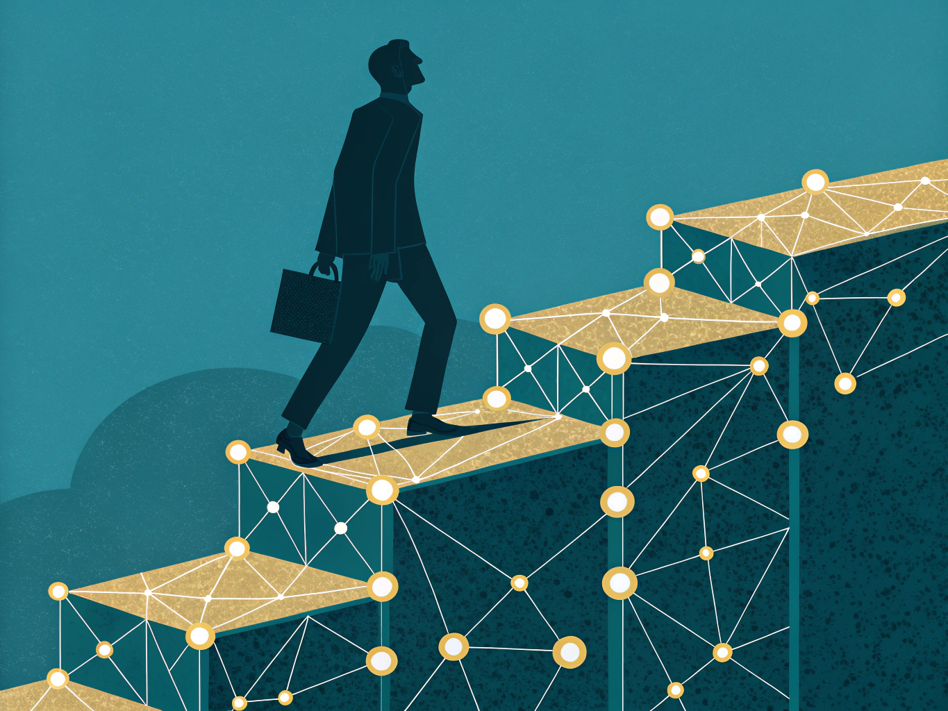 Professional climbing upward on interconnected platforms representing LinkedIn lead generation growth