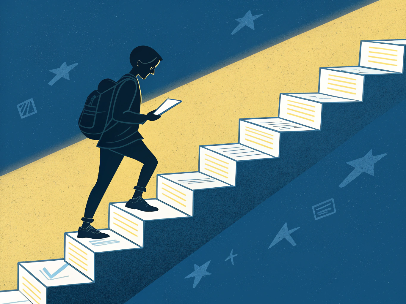 Student klättrar uppför trappor av högskoleprovsuppgifter mot framtid