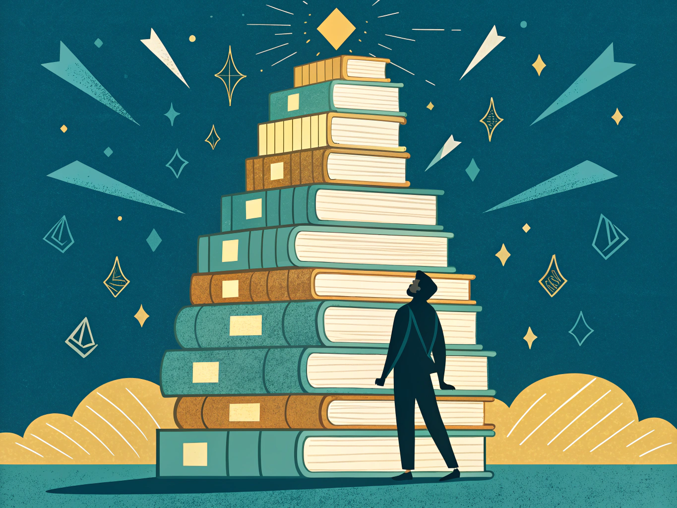 Person omgiven av böcker för personlig utveckling som symboliserar tillväxt och transformation