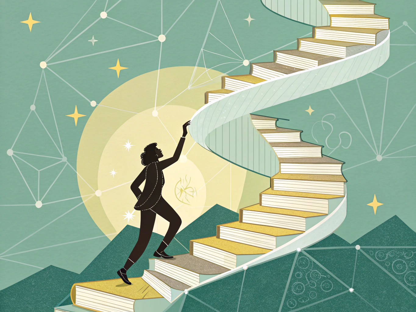 Person klättrar uppåt på mål-trappor symboliserade av böcker och ljus