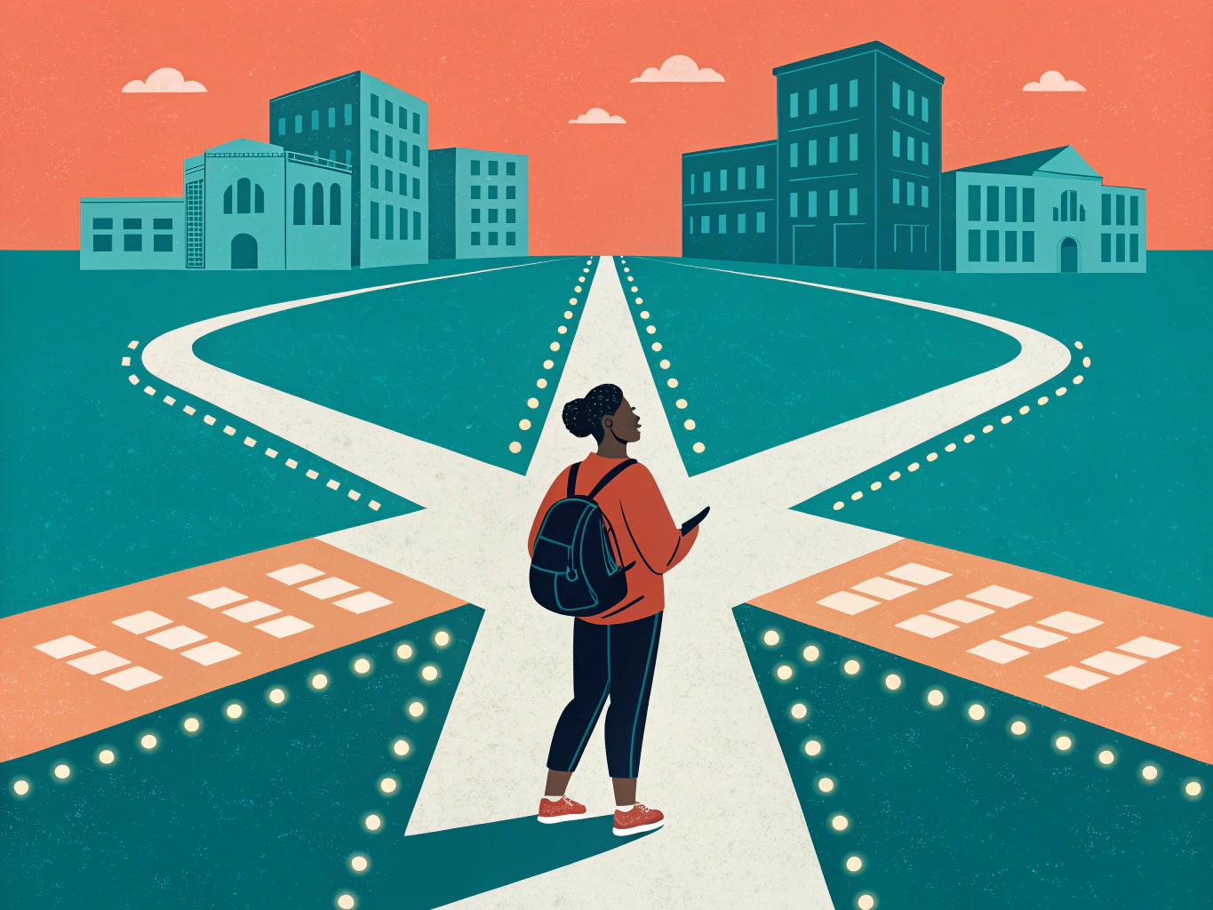 Illustration av en student vid vägen in till högre utbildning, symbolisering av antagningsprocessen