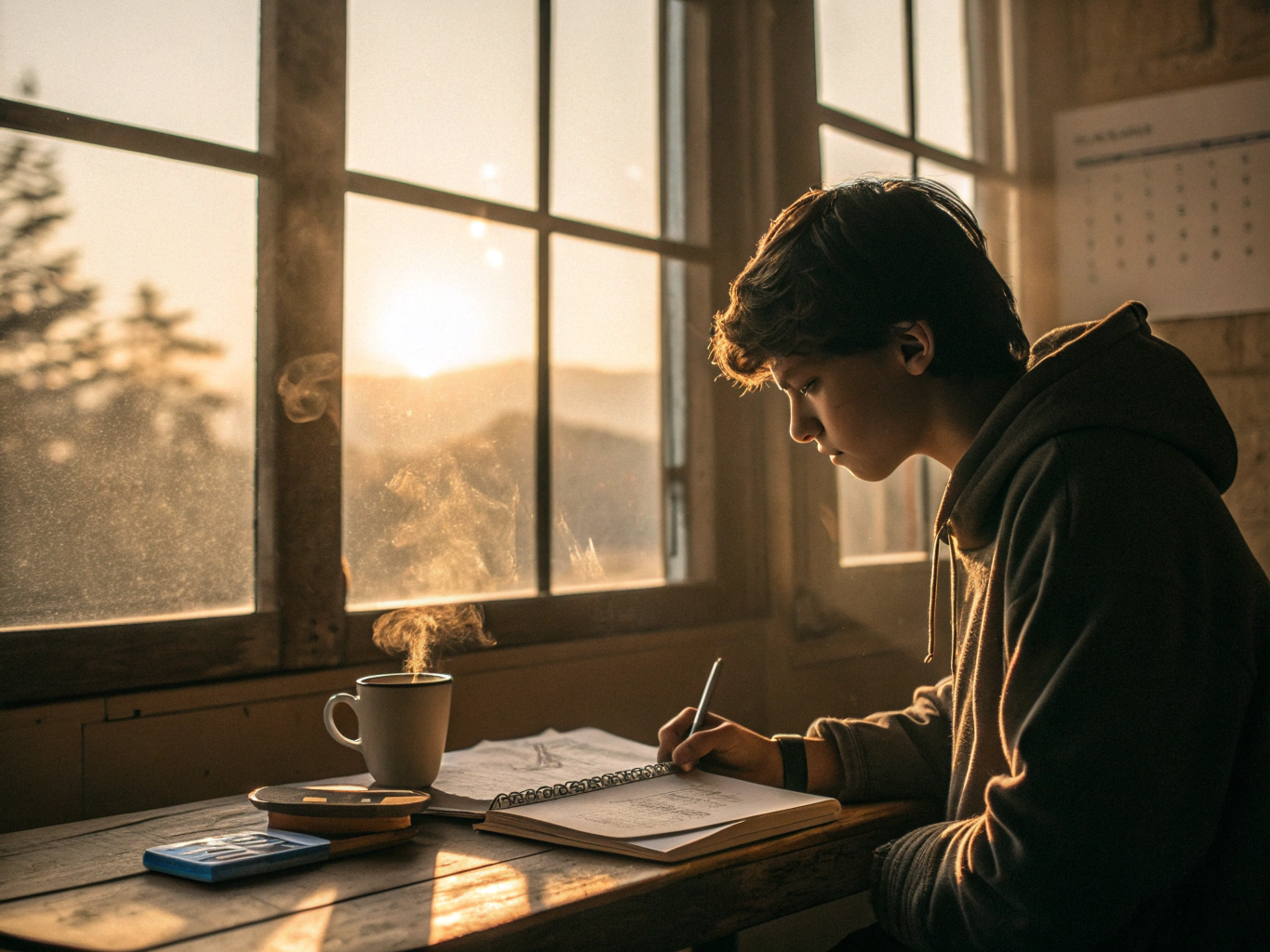Elev skapar studieplan vid skrivbord med anteckningsbok och kalender