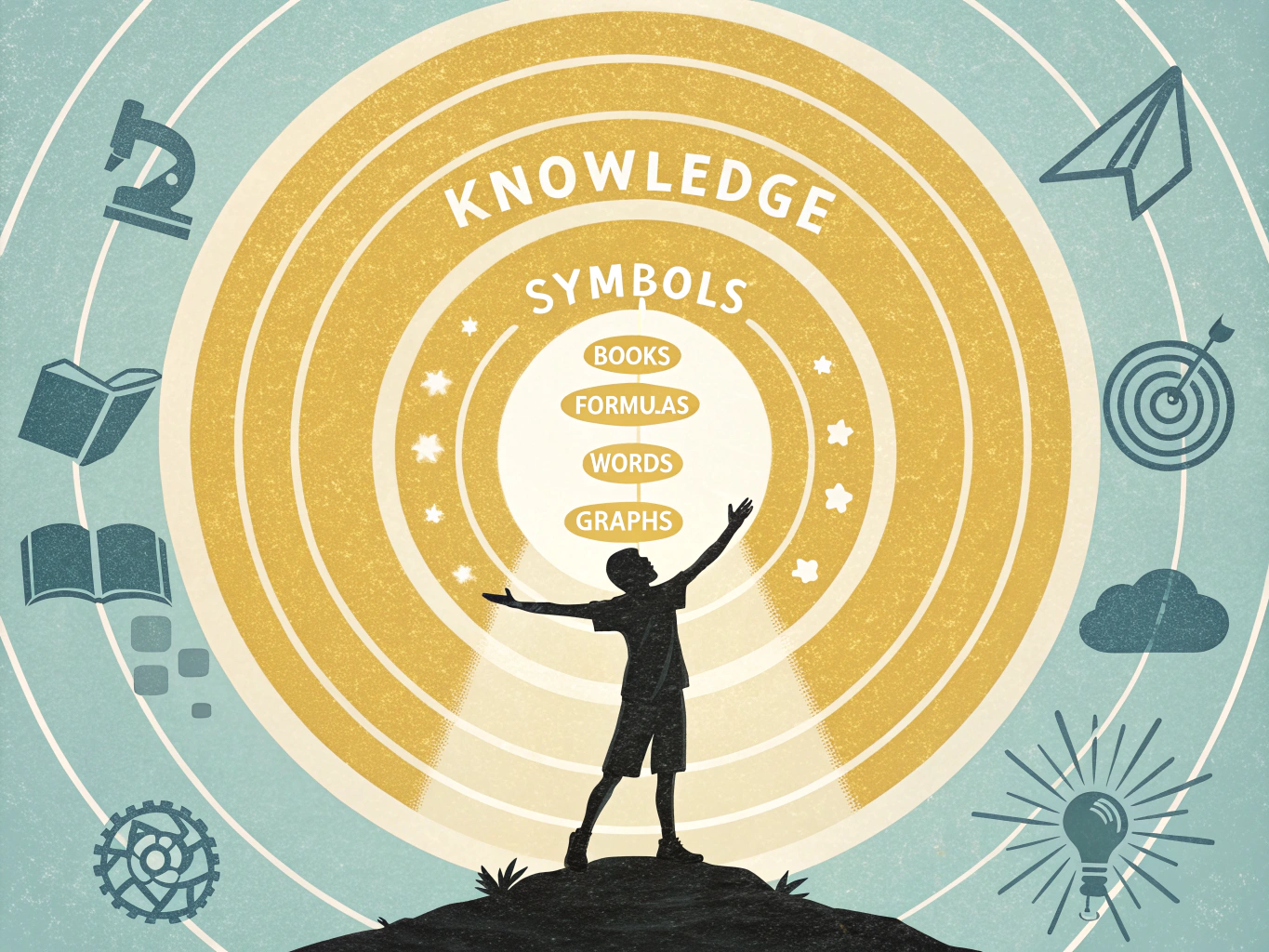 Illustration av student omgiven av kunskapssymboler som representerar högskoleprovet