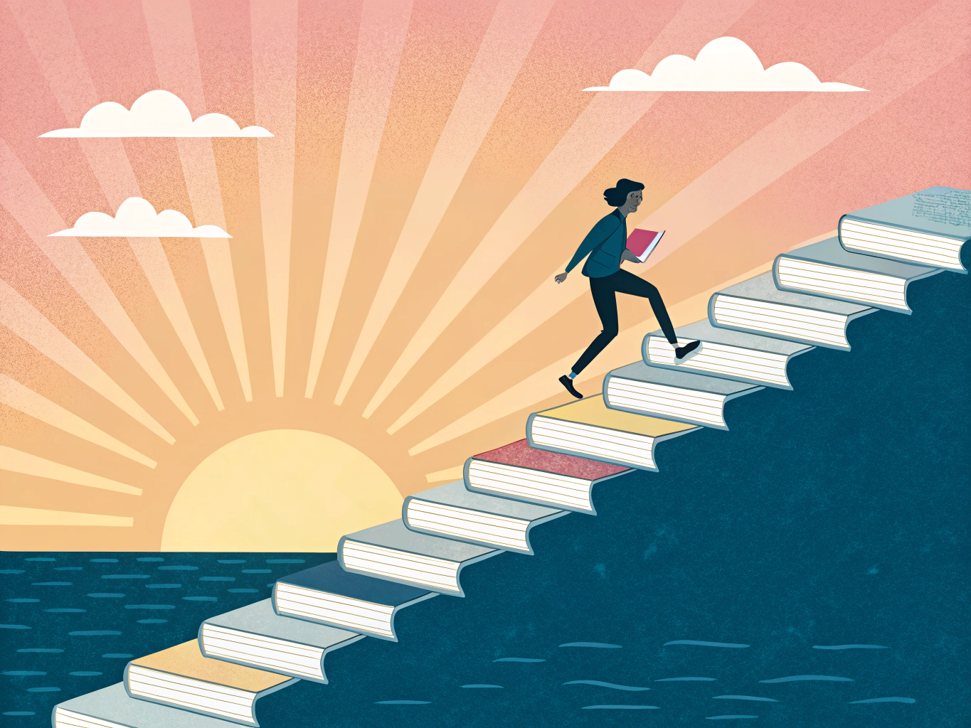Illustration av student som klättrar uppför trappor mot framgång på högskoleprovet