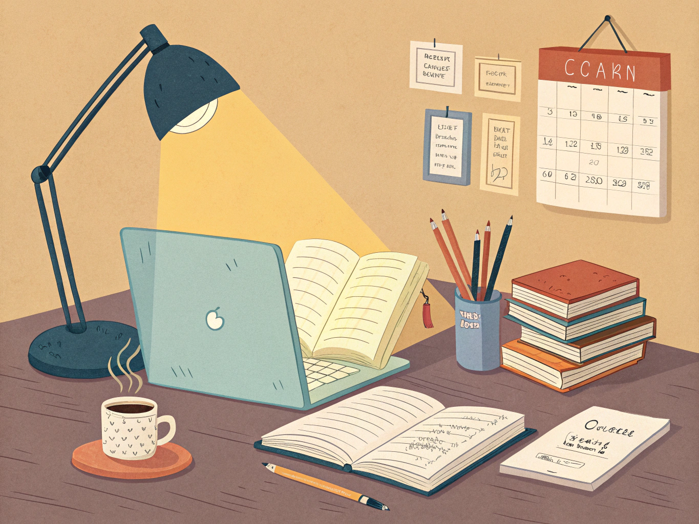 Högskoleprovet studiematerial och böcker på ett organiserat skrivbord