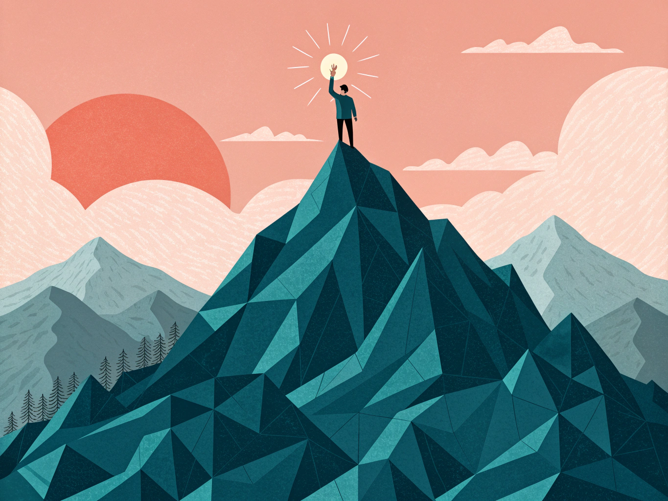 Illustration av en figur som nått toppen av en berg, symboliserande högskoleprovsresultat och framgång