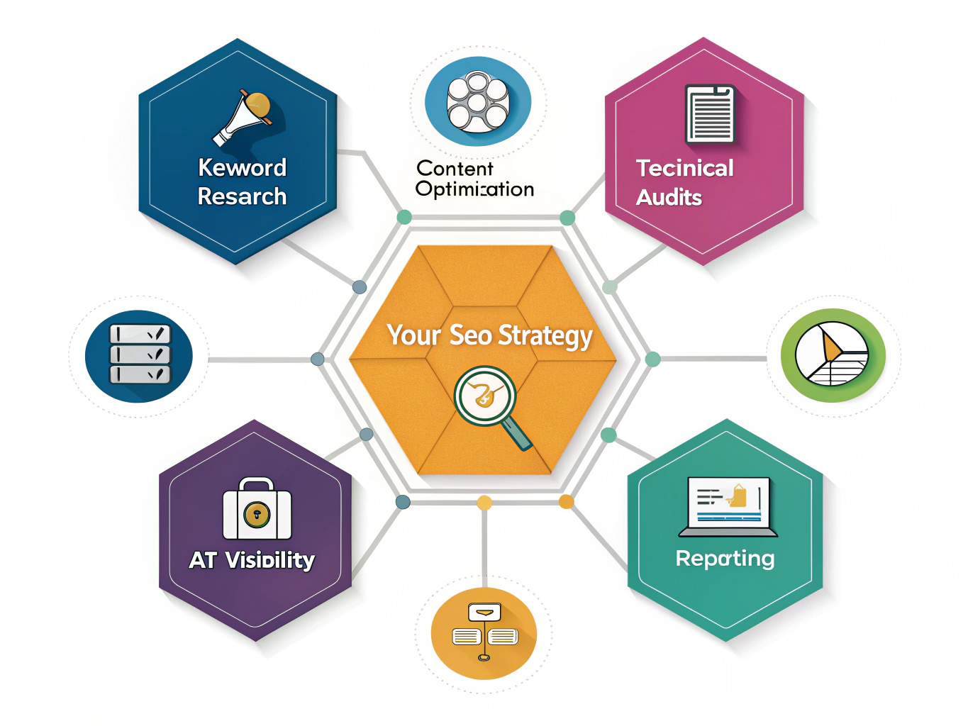 Isometric diagram of AI SEO tools ecosystem and strategic integration