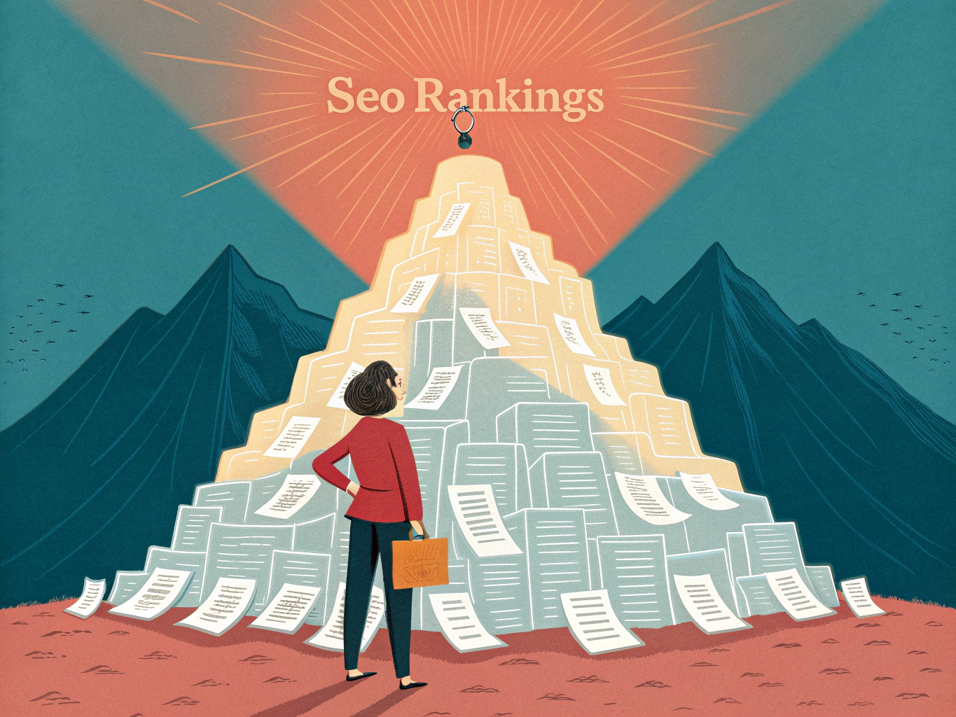 Person climbing mountain of content representing SEO writing journey