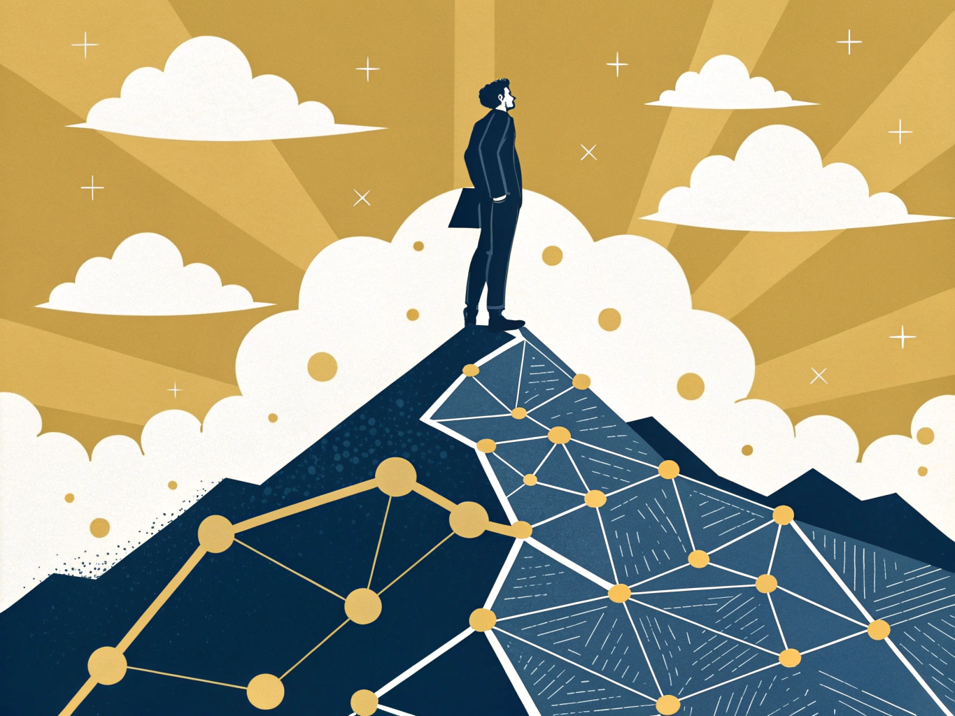 Professional standing at peak of digital mountain representing LinkedIn profile visibility and growth opportunity