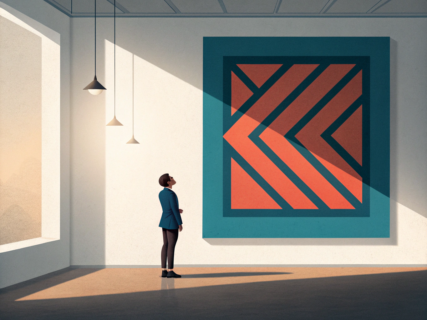 Professional hanging a bold, simple artwork representing intentional LinkedIn banner design and brand consistency