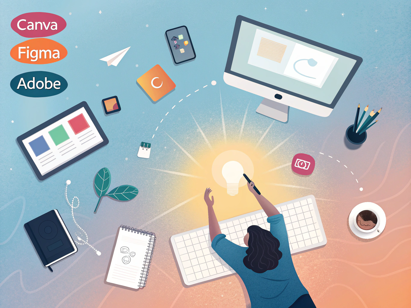 Designer's workspace with floating design tools representing accessible LinkedIn banner creation resources