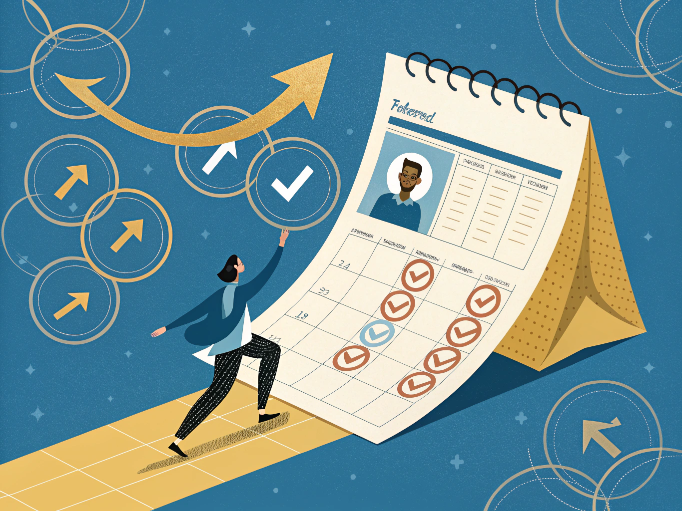Calendar and LinkedIn profile showing quarterly banner refresh cycle representing ongoing optimization and engagement