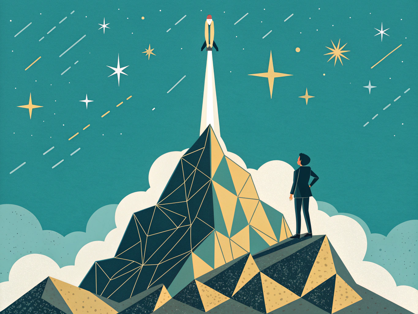 Small business owner launching ahead with AI SEO tools rocket against mountain of competition