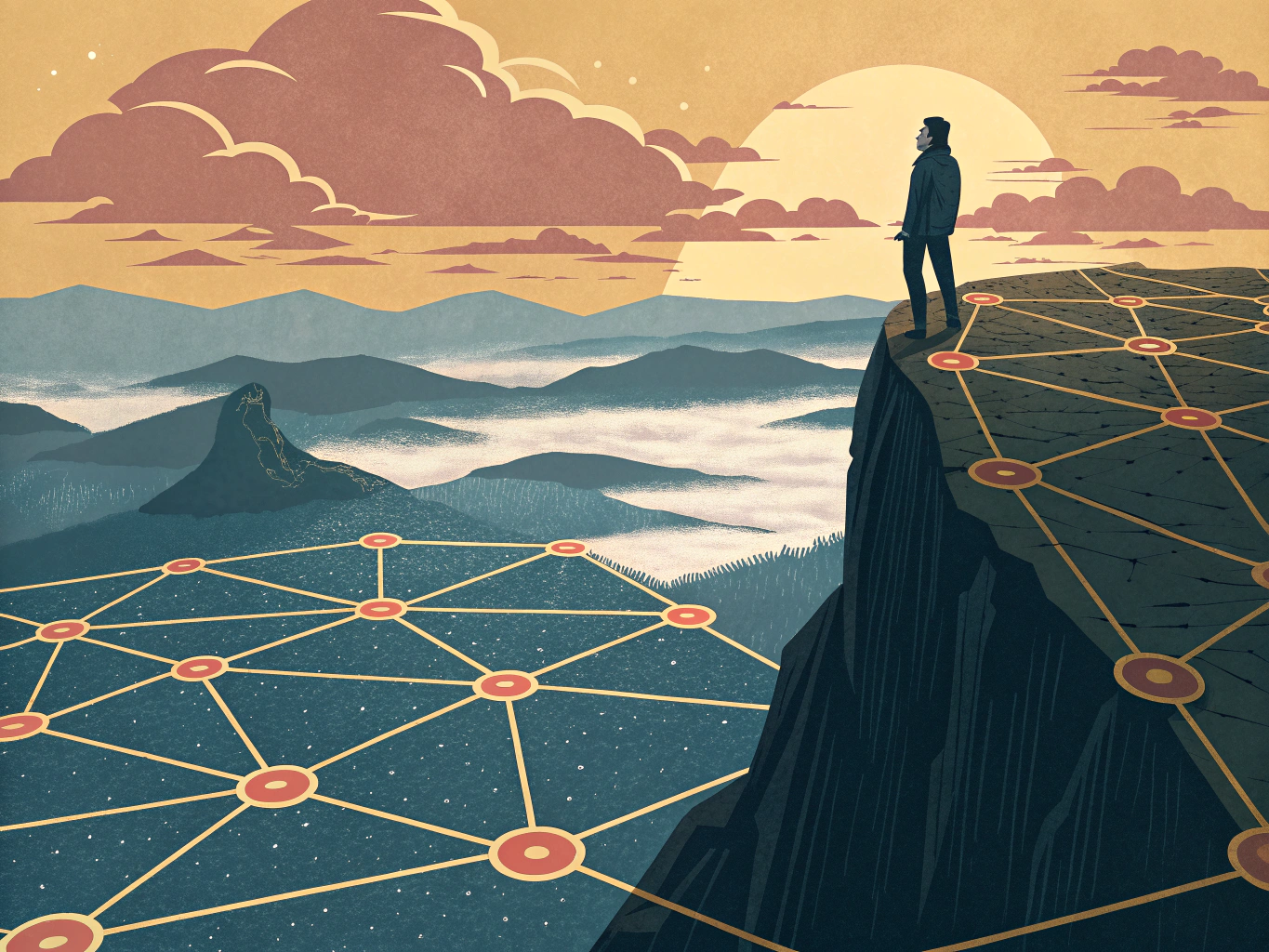 Professional standing at threshold of opportunity with vast network and growth potential visible ahead