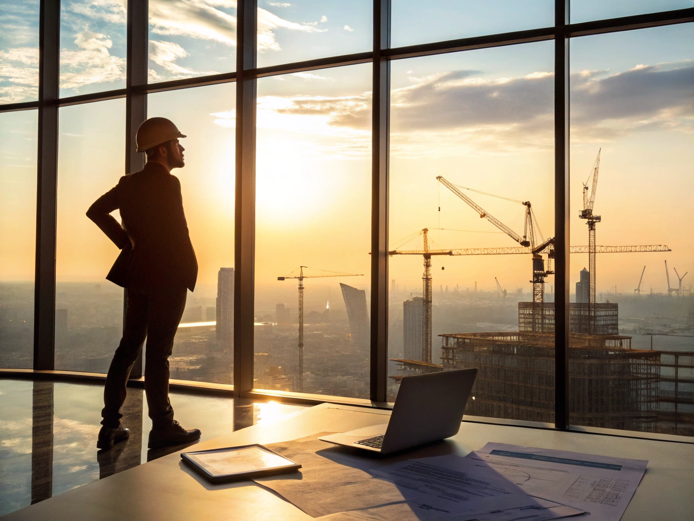 Civilingenjör tittar ut över stad med infrastruktur och möjligheter