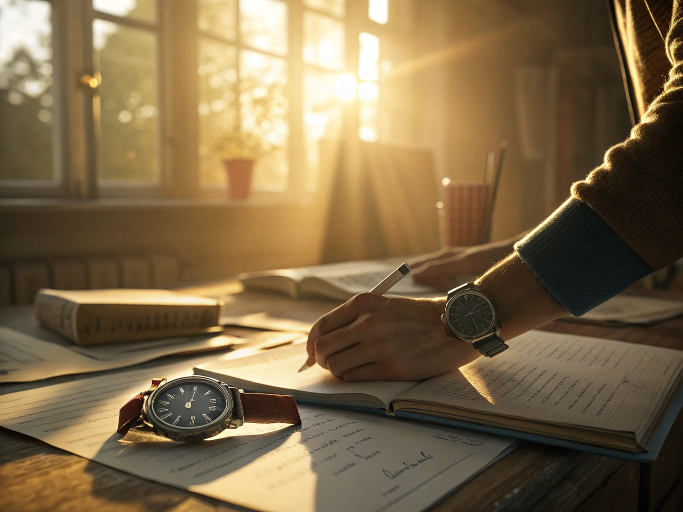 Tidtagarur och högskoleprovsförberedelse på studiebordet