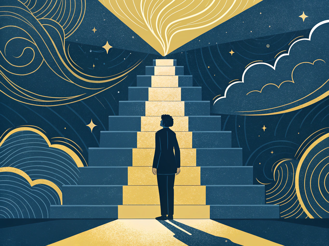 Illustration av en person som klättrar uppför en trappa mot framgång på högskoleprovet