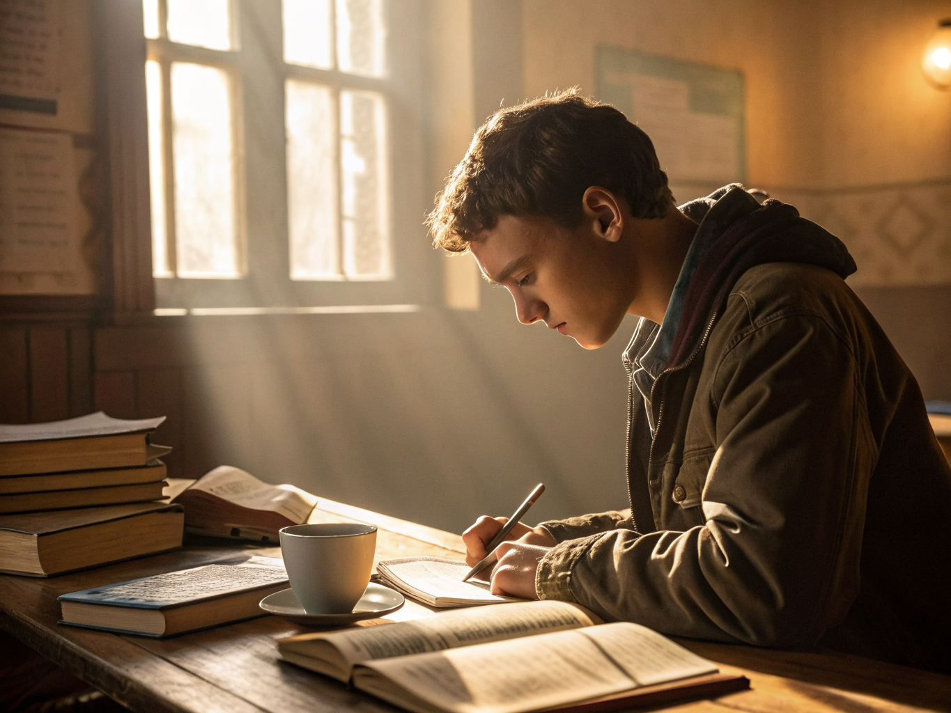 Student tränar läsförståelse inför högskoleprovet med böcker och anteckningar