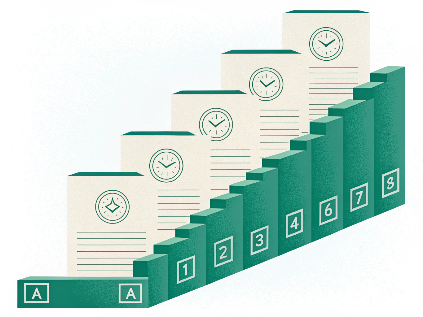Illustration av gamla högskoleprov staplade och organiserade för träning