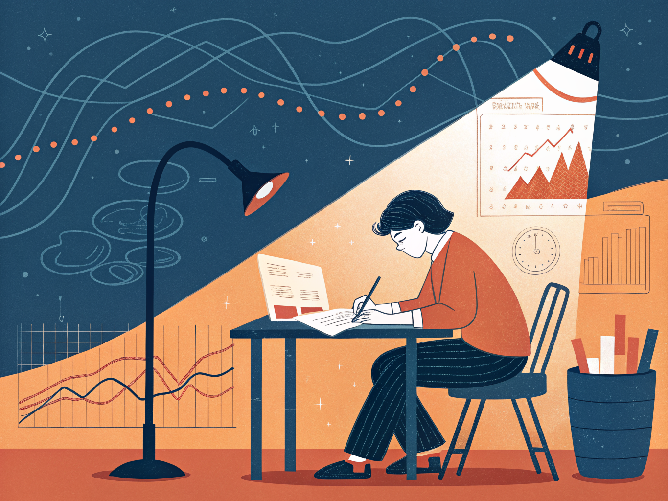 Student analyserar antagningsstatistik och universitetsdata på sitt skrivbord