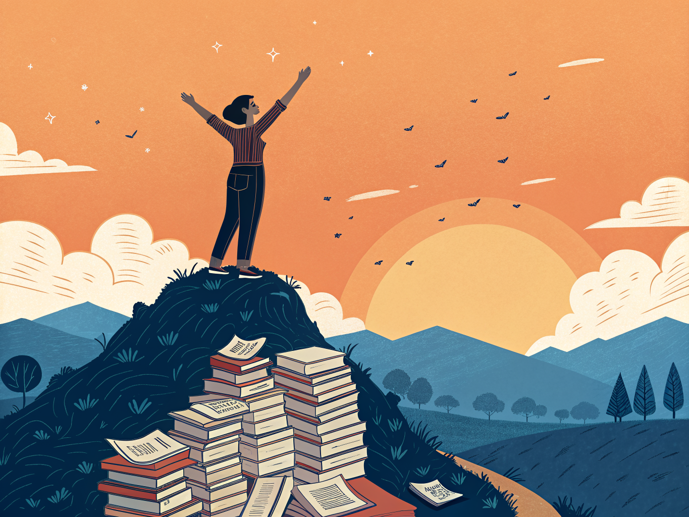 Student på toppen av en berg av utbildningsresurser med utsikt över framtida möjligheter