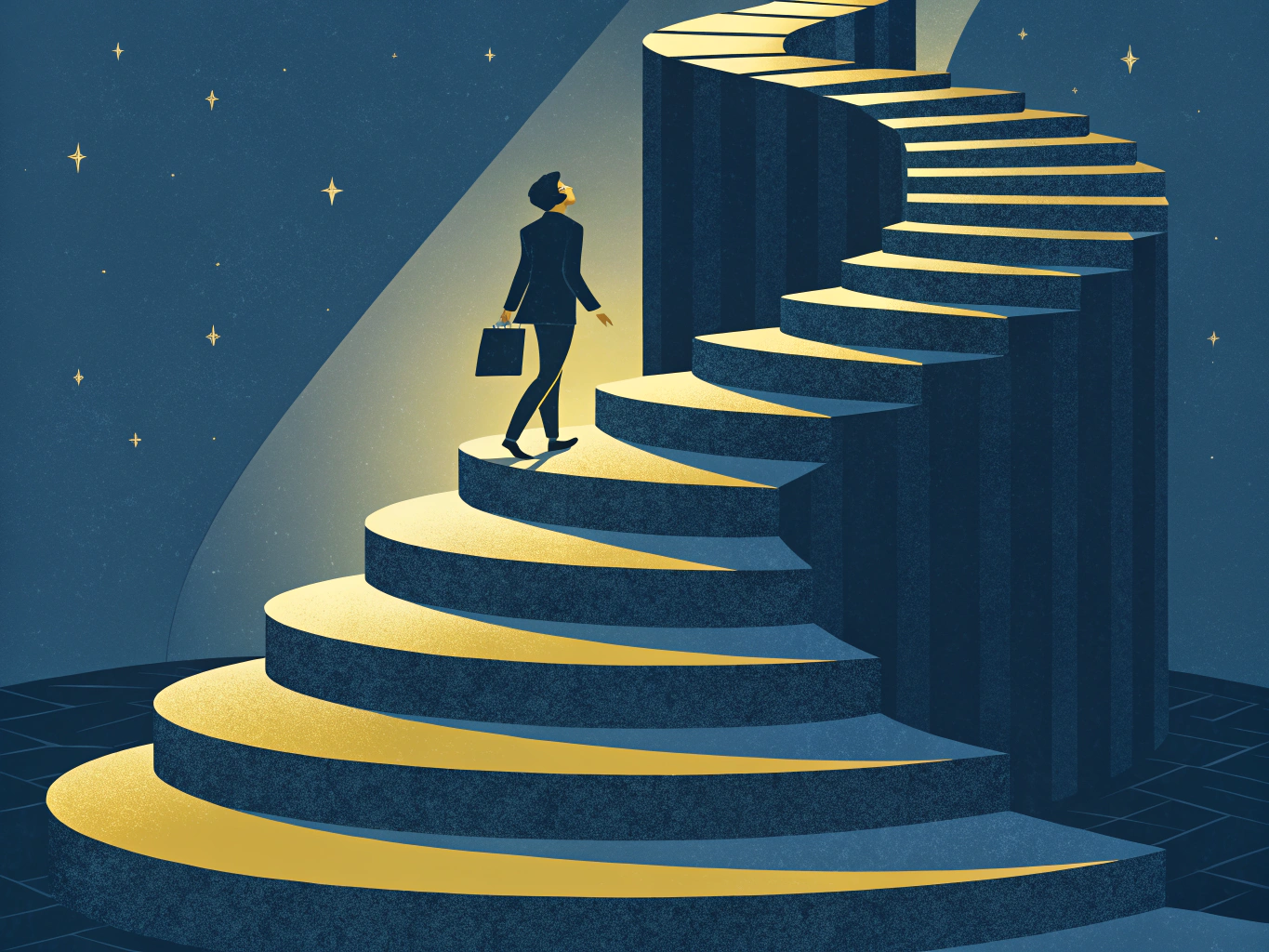 En jurist stiger upp på en framgångstrappa som representerar vägen genom juristprogrammet