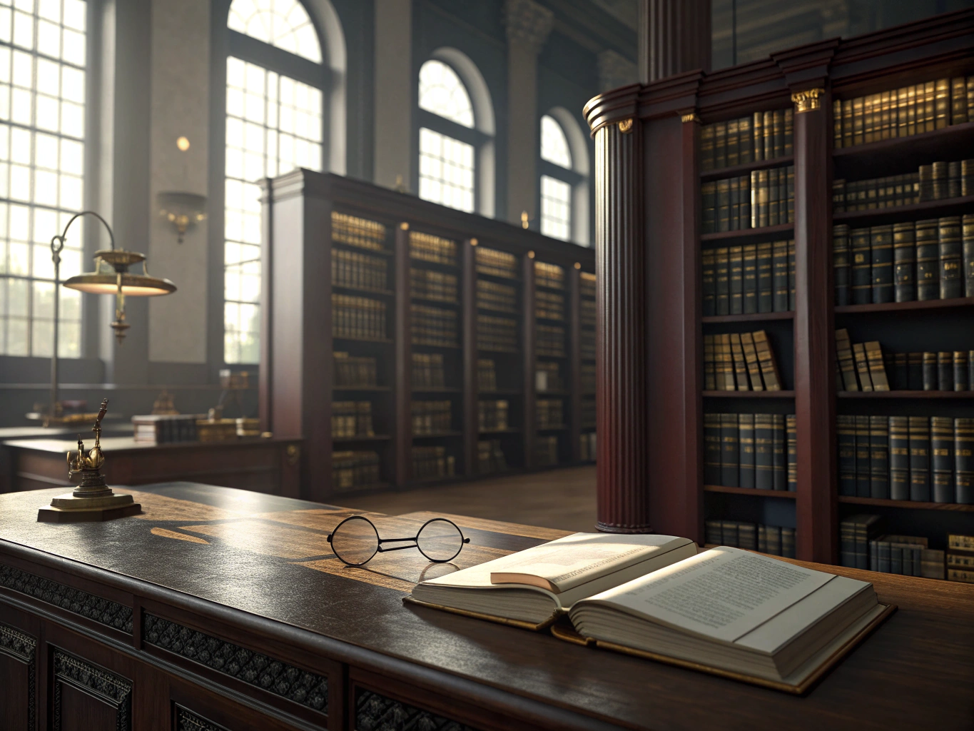 Elegant juridiskt bibliotek med lagböcker och arbetsbord symboliserar juristprogrammets prestige