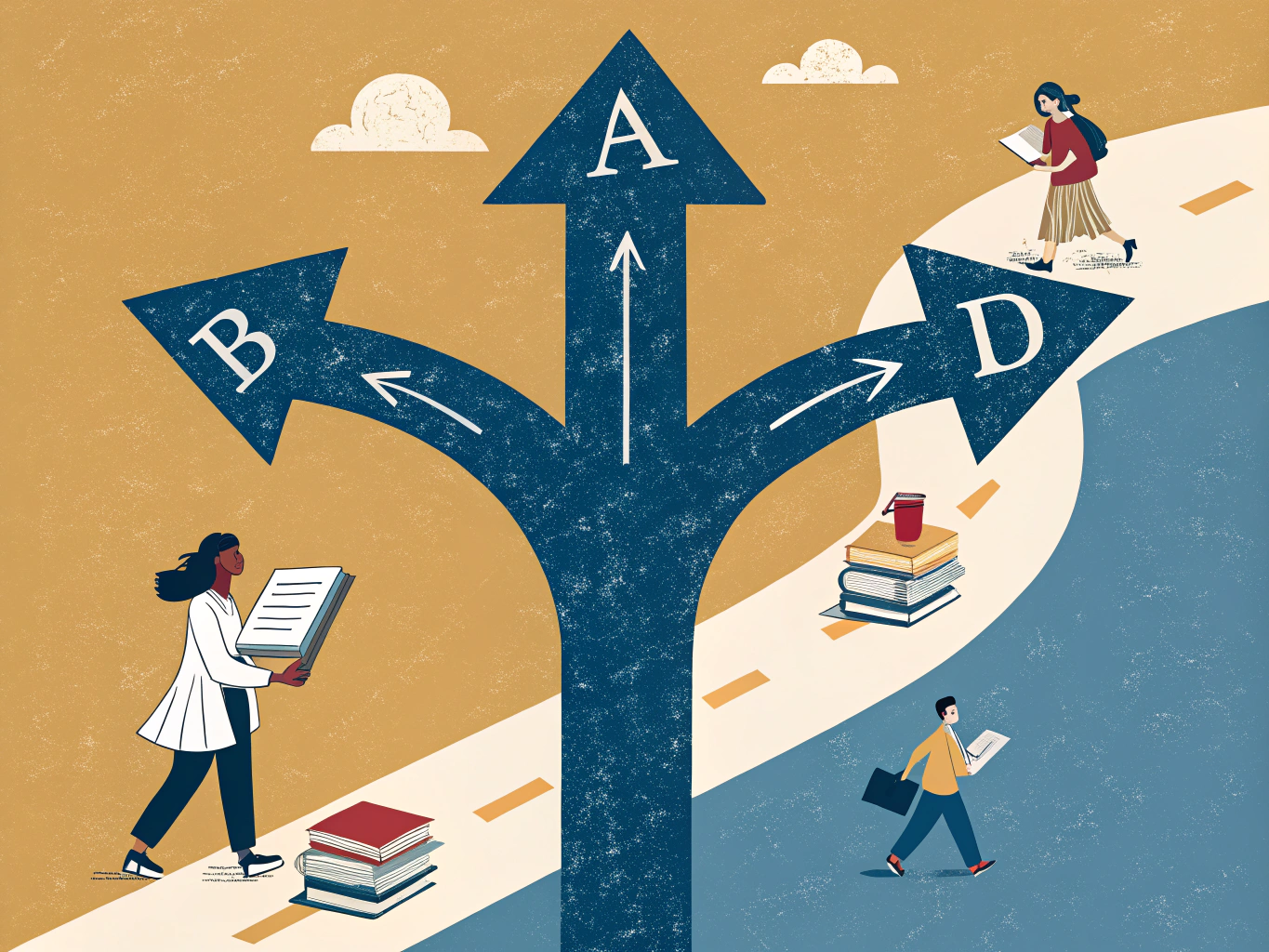 Illustration av tre vägar in på läkarprogrammet: gymnasiebetyg, högskoleprov och alternativt urval