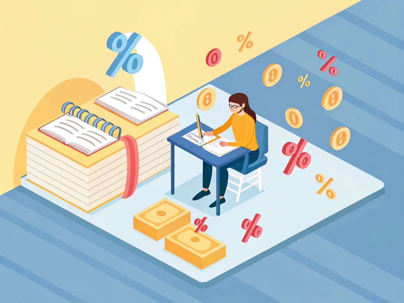 Elev räknar procent med illustrerade procenttecken och siffror