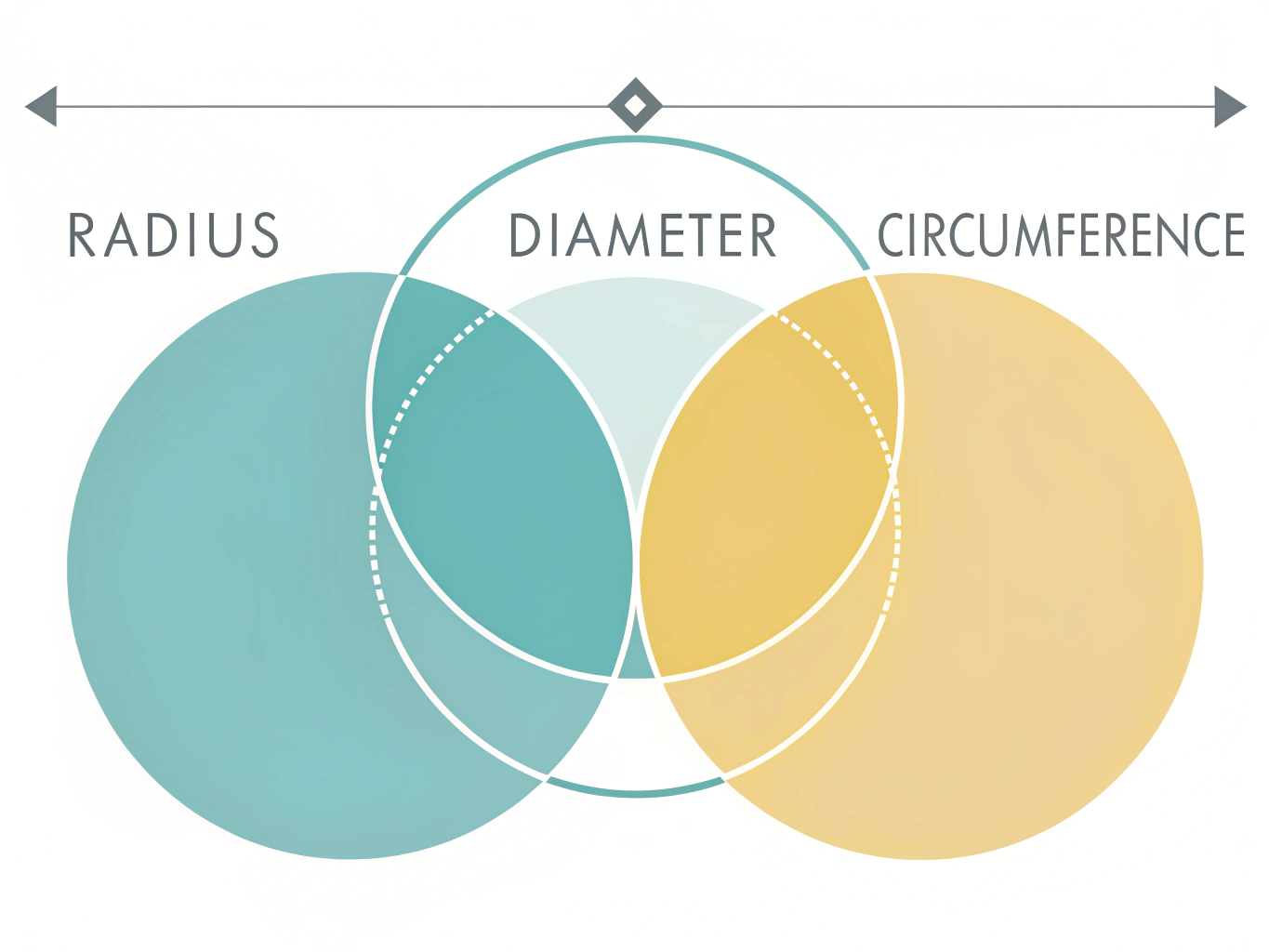 Tre cirklar med olika storlek visar förhållandet mellan radie, diameter och omkrets