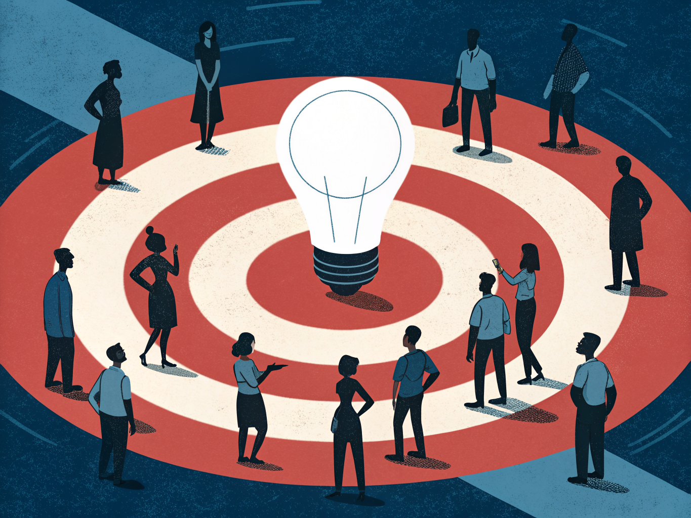 Illustration av grupp människor som diskuterar frågor och idéer tillsammans