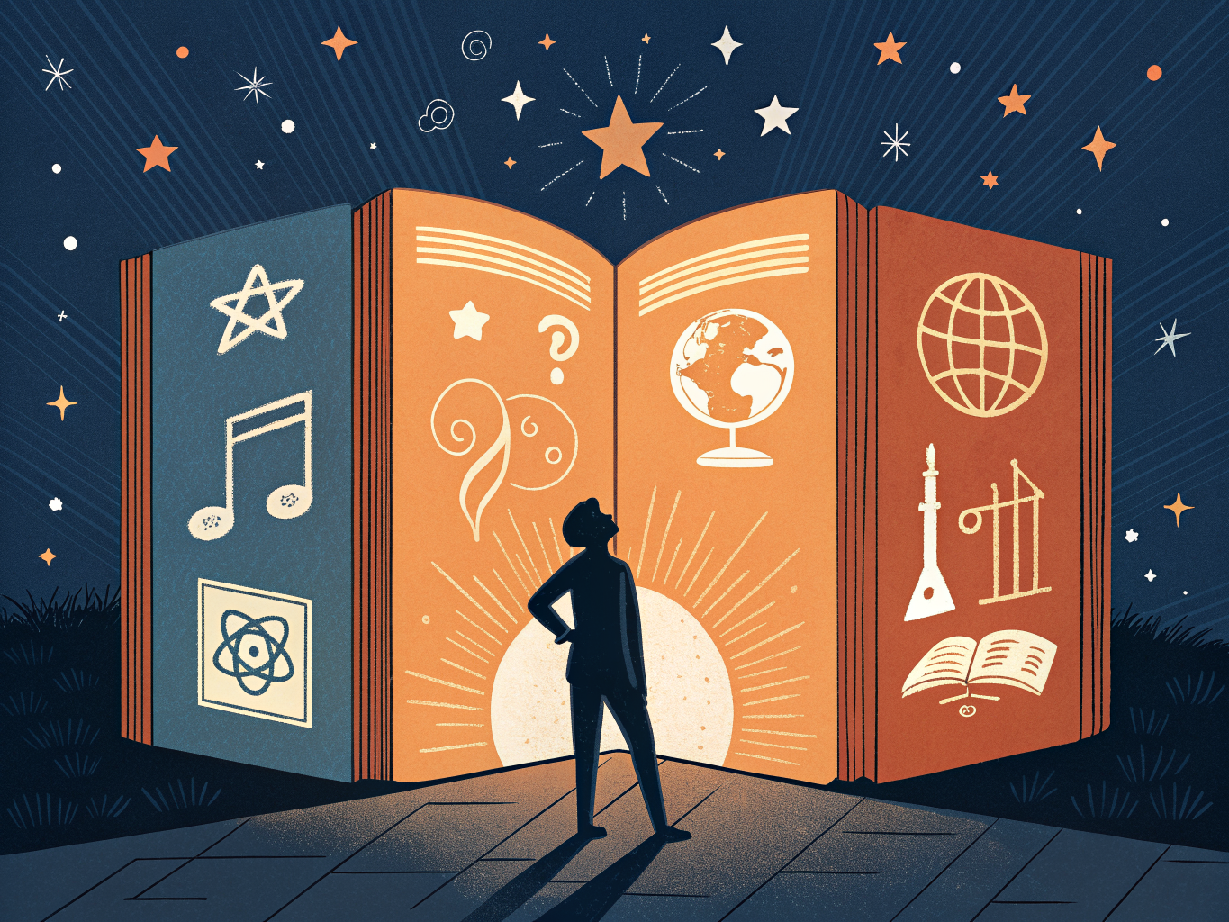 Illustration av en person som utforskar kunskap genom en stor öppen bok