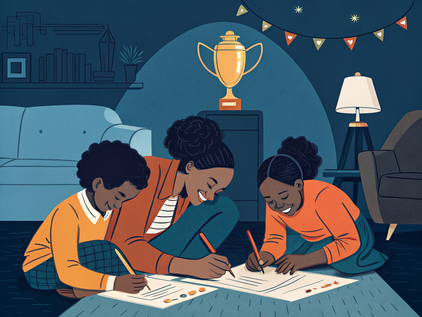 Barn och föräldrar spelar quiz tillsammans hemma