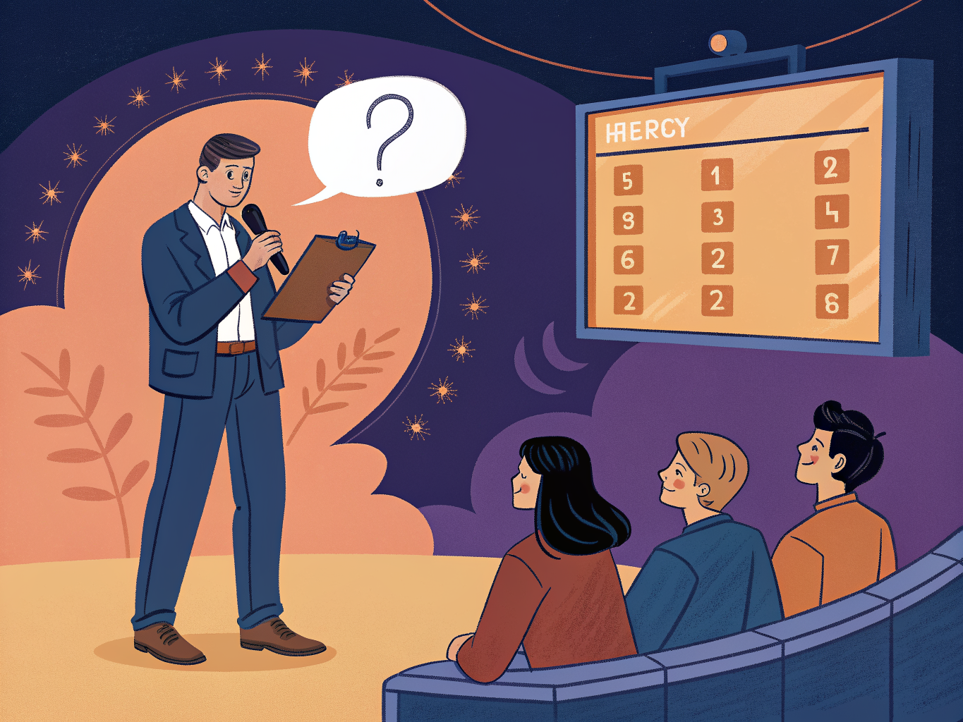 En quizmaster leder ett quiz framför en grupp deltagare