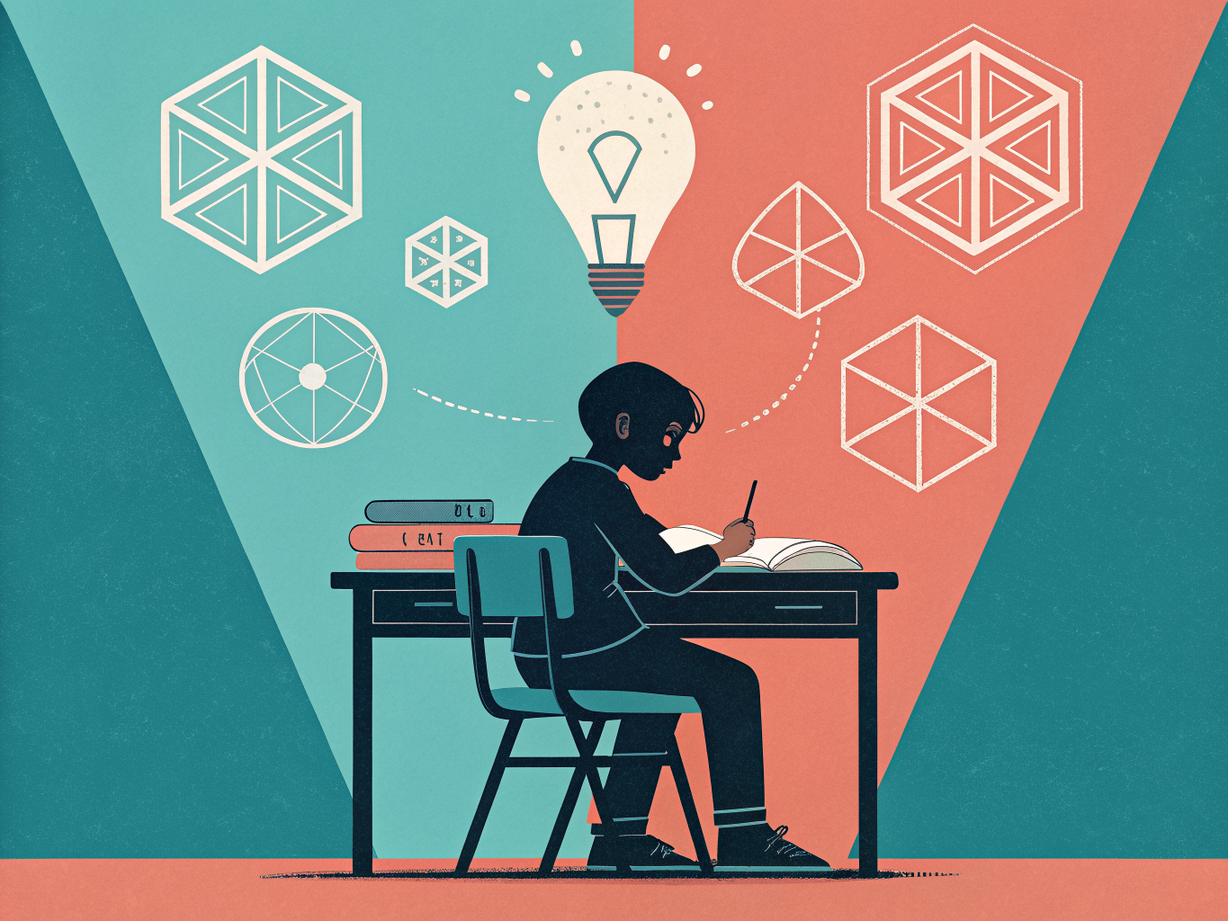 Illustration av högstadieelev som utvecklar studieteknik med geometriska former som representerar olika studiestrategier