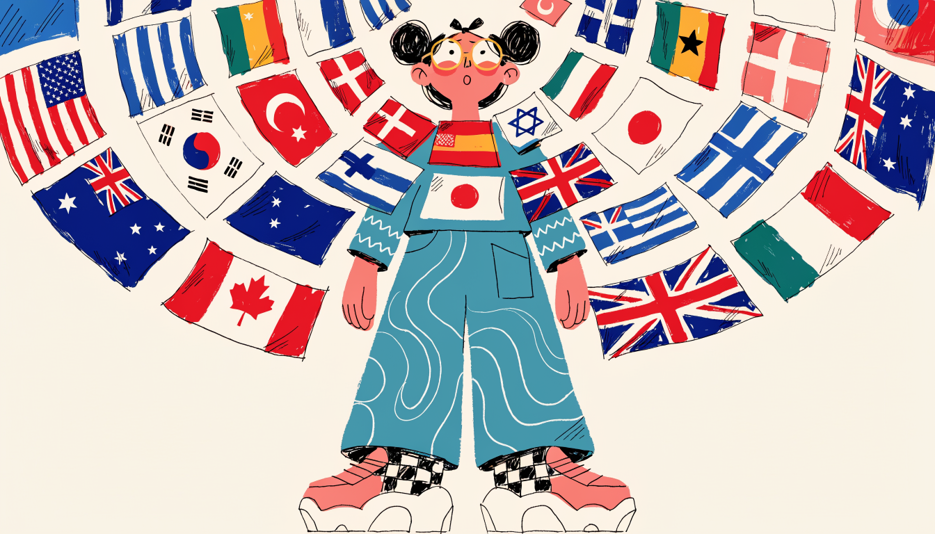Person omgiven av världens flaggor som symboliserar global kunskap