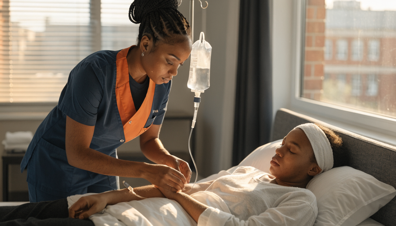 Sjuksköterska ger omsorgsfull vård till patient