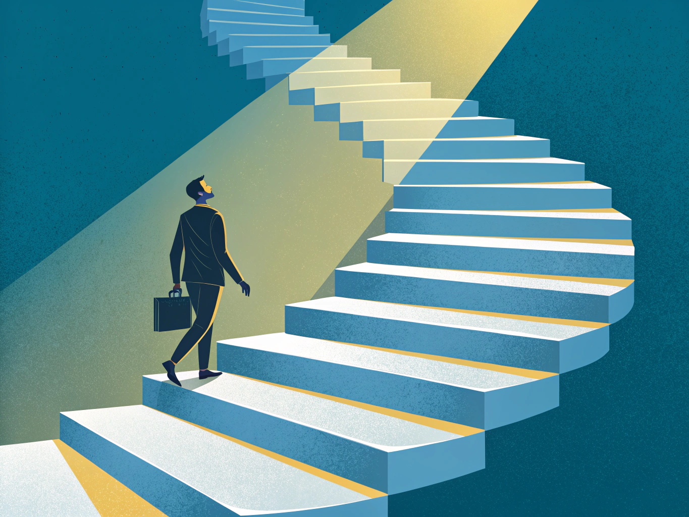 Digital marketer climbing staircase of AI tools representing content creation growth