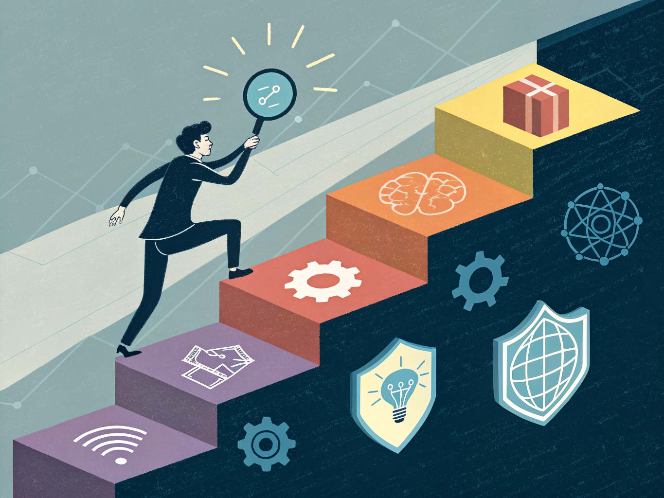 Five AI content marketing strategies illustrated as ascending platforms toward success
