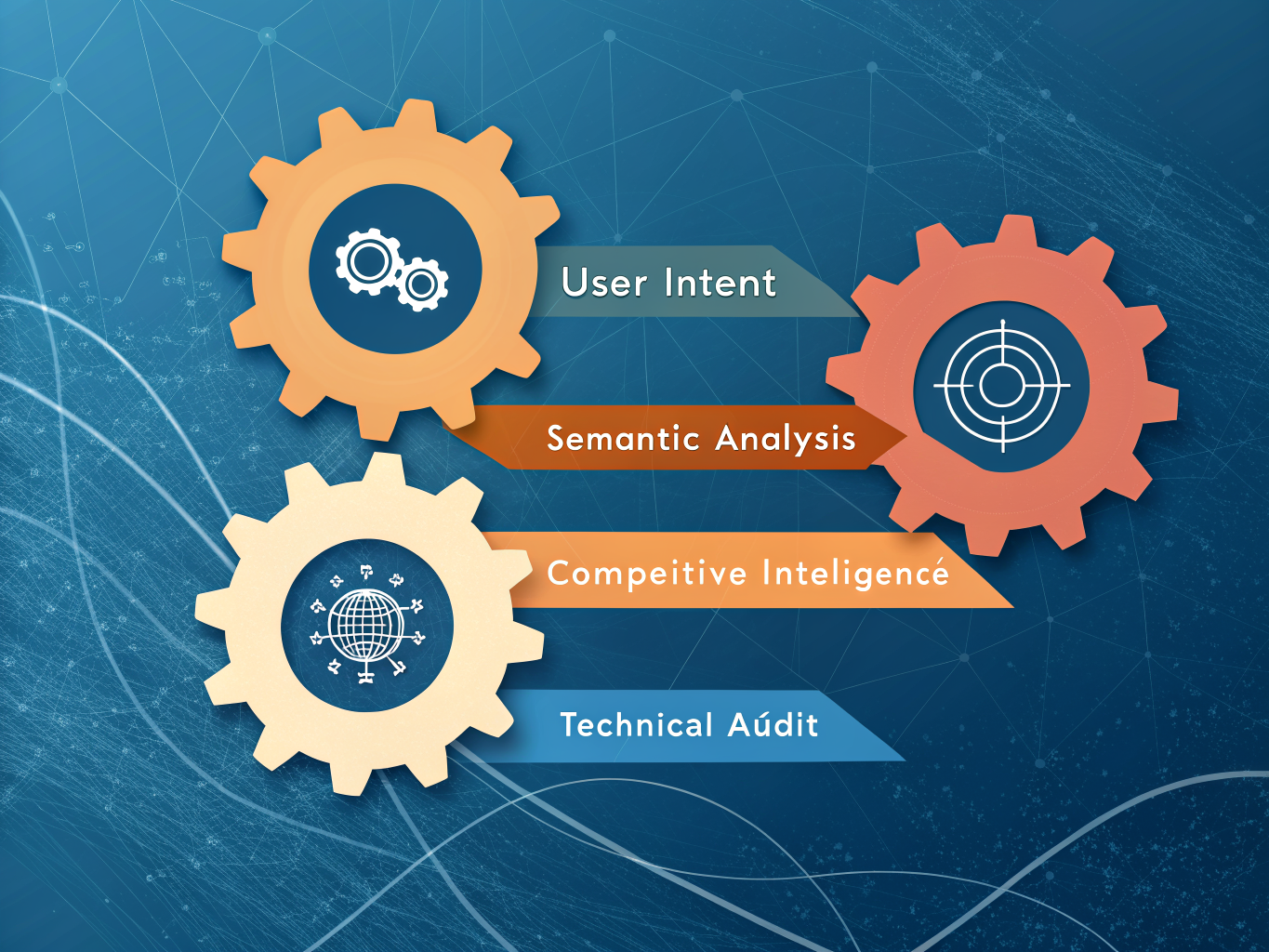Four core components of cognitive SEO analysis working together as integrated system