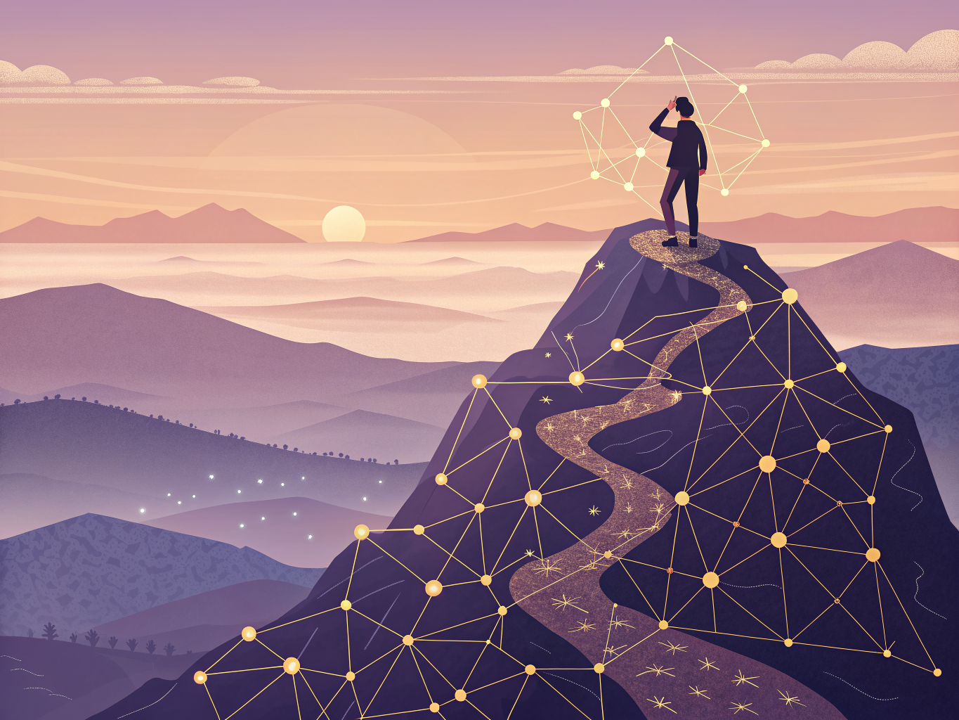 Visionary illustration showing SEO professional surveying the transformed search landscape of 2026