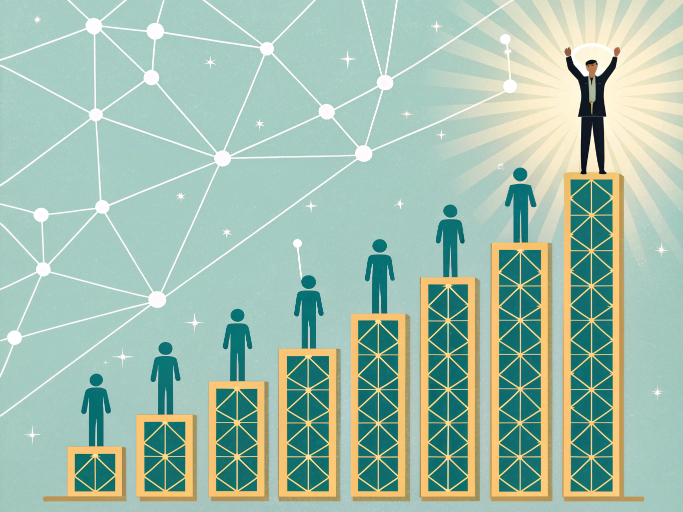 Ascending growth chart made of interconnected human figures symbolizing exponential follower and engagement growth