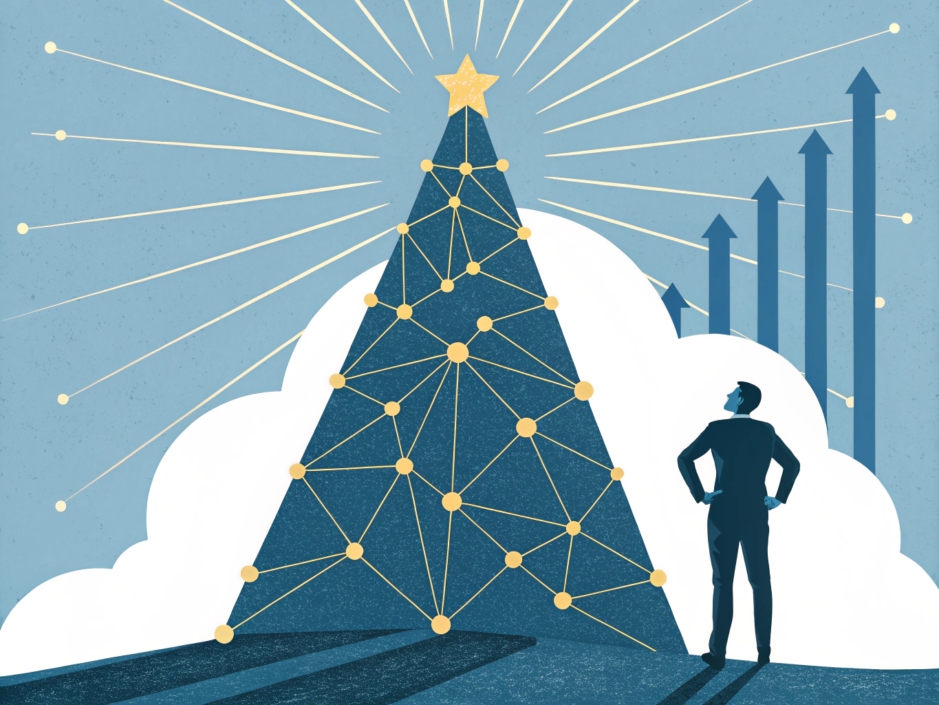 Silhouette of professional figure at base of ascending network structure representing LinkedIn growth opportunity